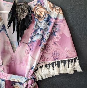 Jade Lavender Fringe Sleeve Kimono Wrap Maxi Dress